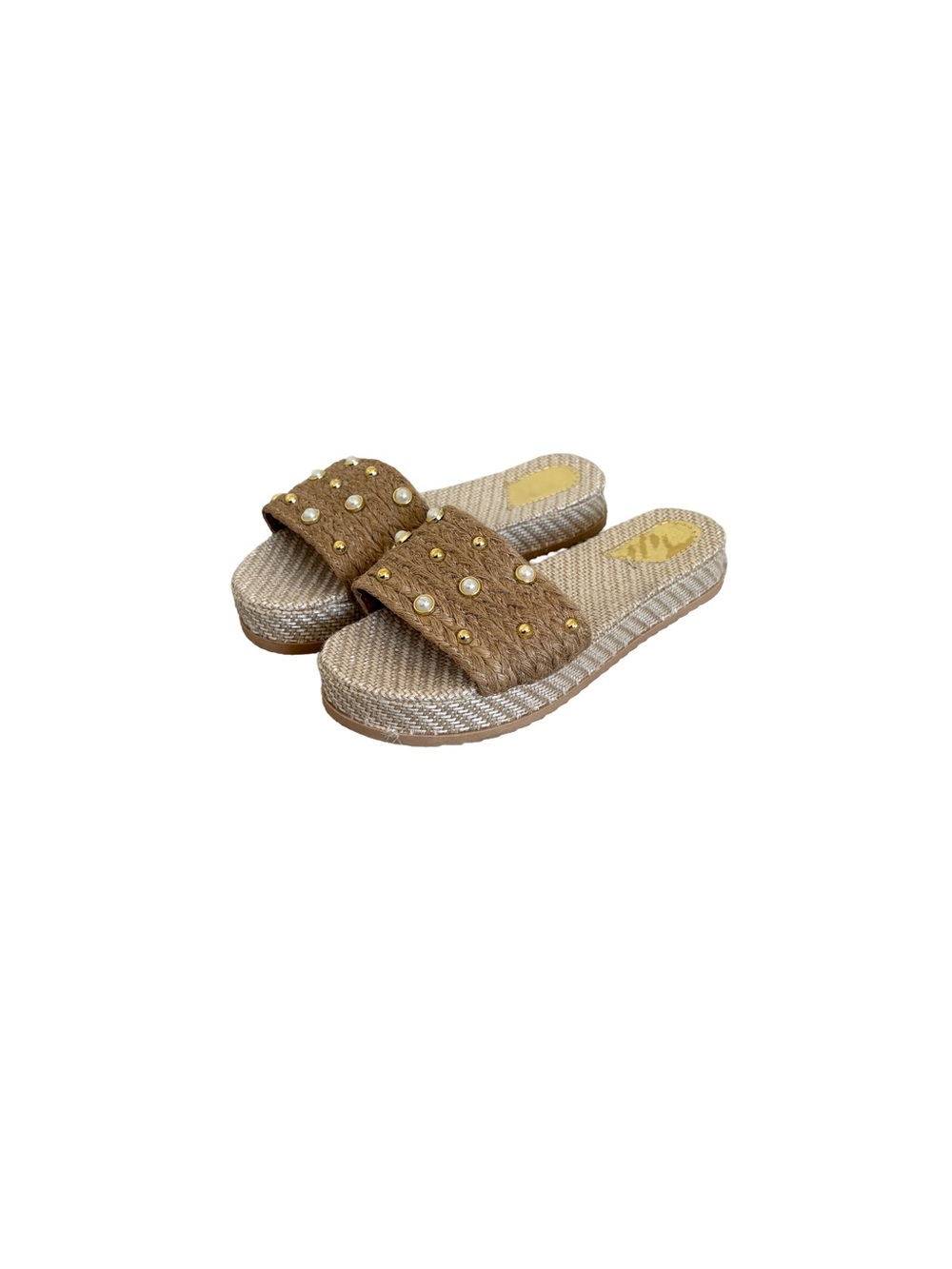 Pearl-Embellished Brown Slide Mules
